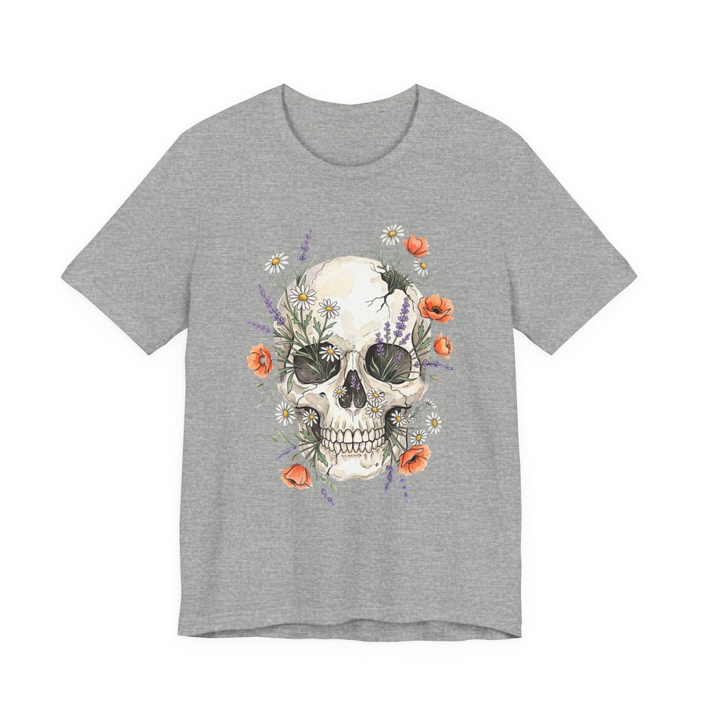 Dark gray heather floral skull T-shirt with poppies and wildflowers graphic front