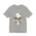 Dark gray heather floral skull T-shirt with poppies and wildflowers graphic front