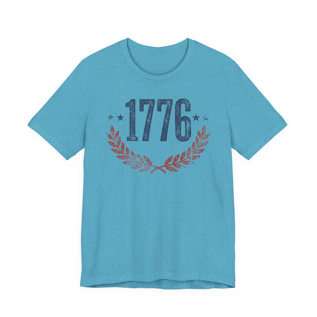 Heather Aqua T-shirt with '1776' laurel wreath graphic and star accents