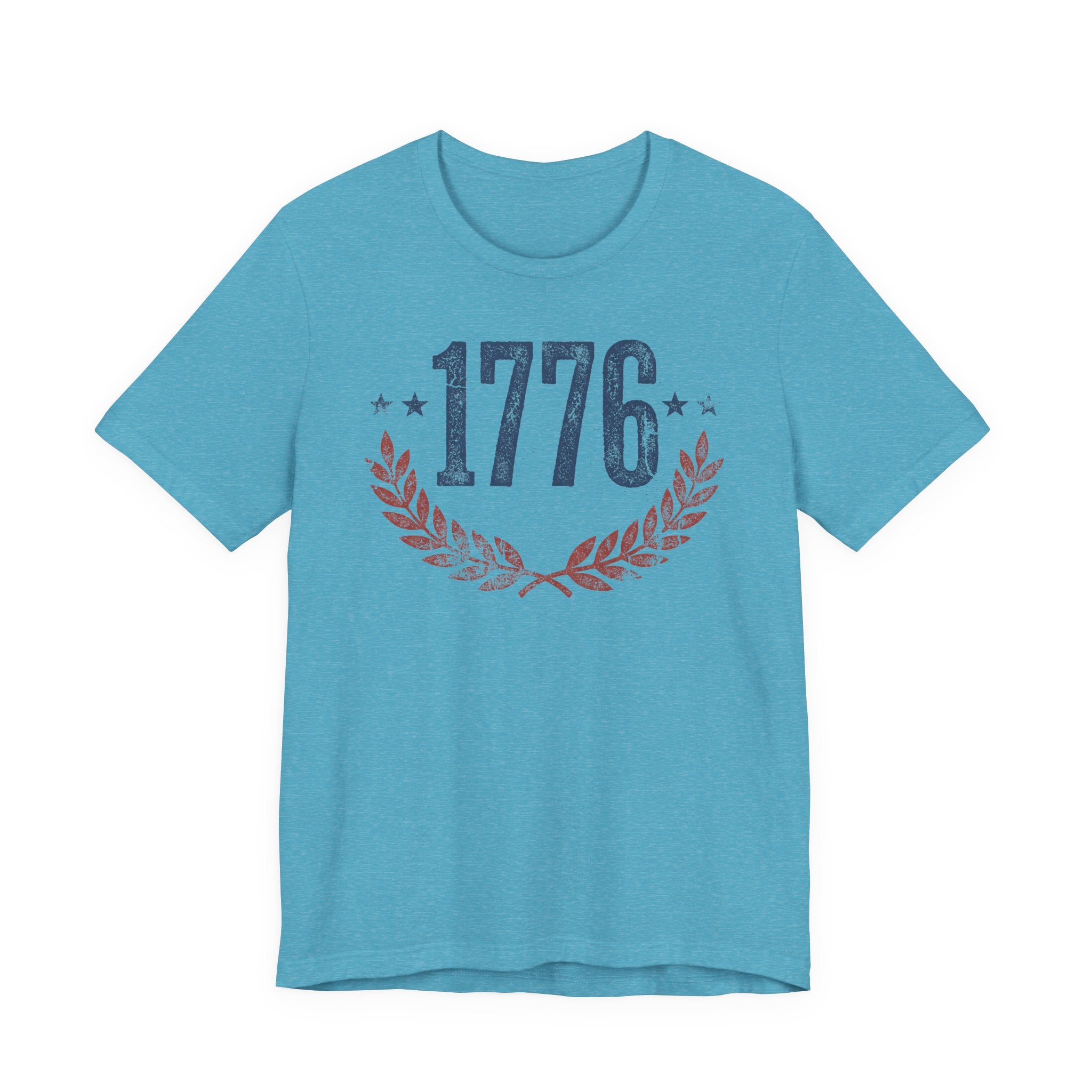 Heather Aqua T-shirt with '1776' laurel wreath graphic and star accents