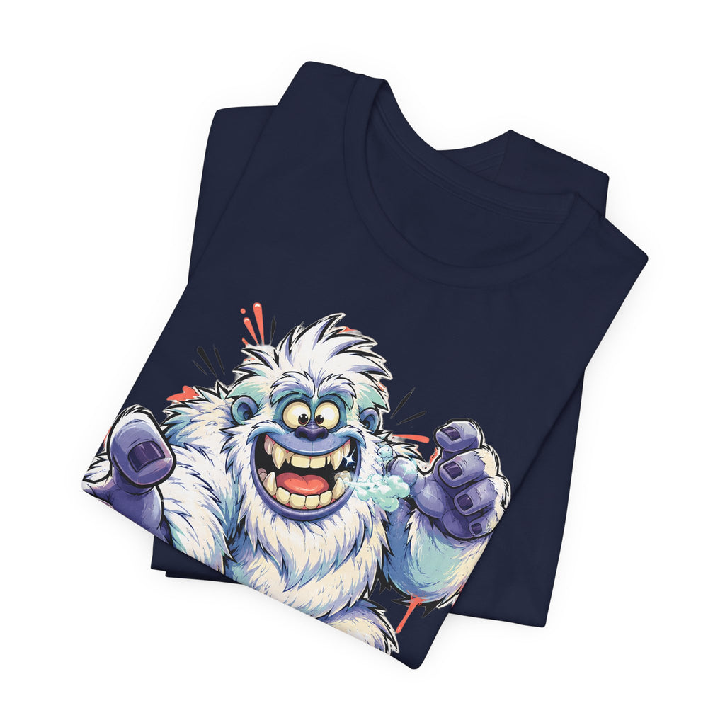 Navy T-shirt with cartoon yeti monster graphic, roaring with raised blue-fisted hands
