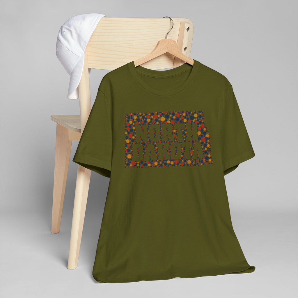 Olive green crew-neck T-shirt with colorful floral North Dakota graphic.