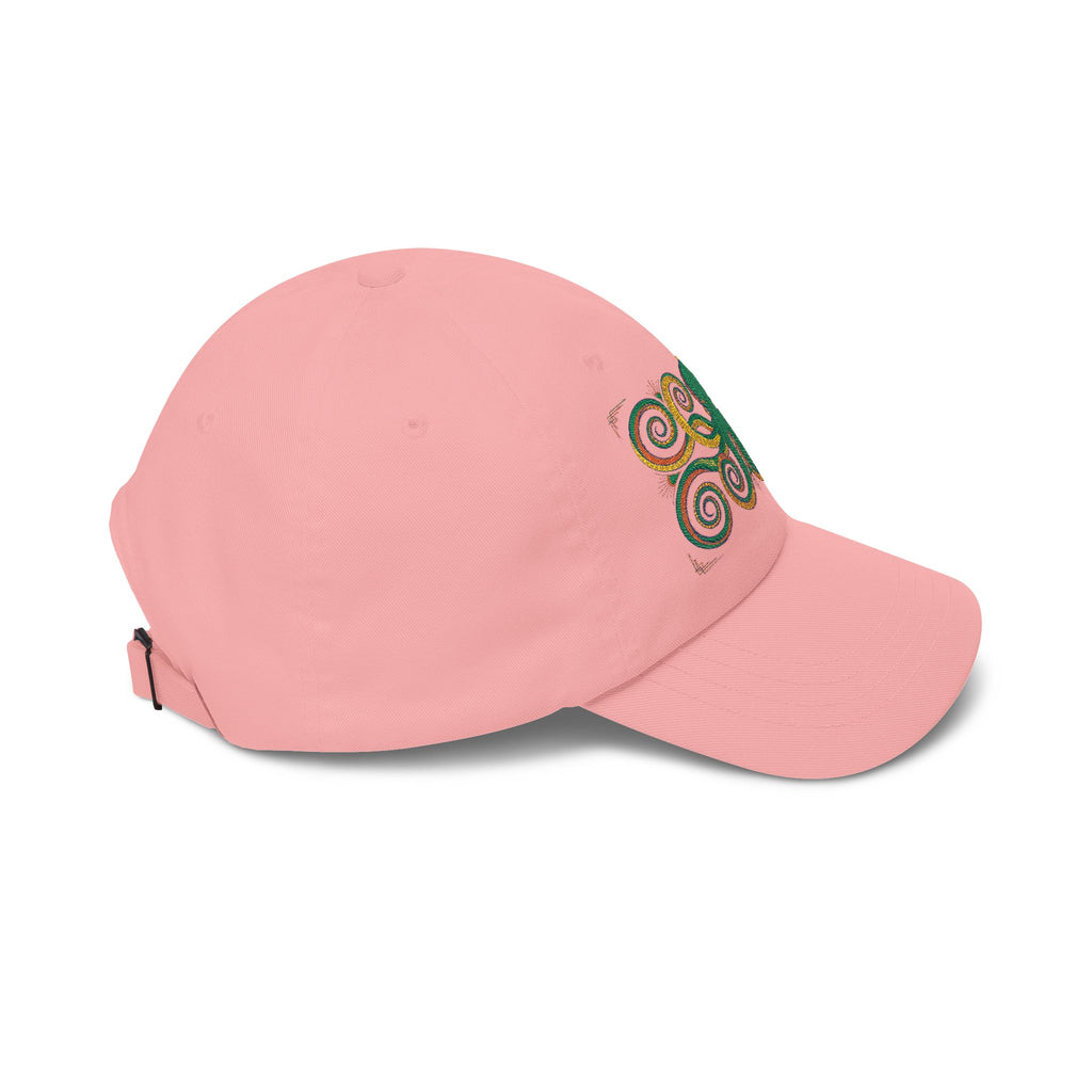Light pink baseball cap with green-and-gold embroidered swirl on front
