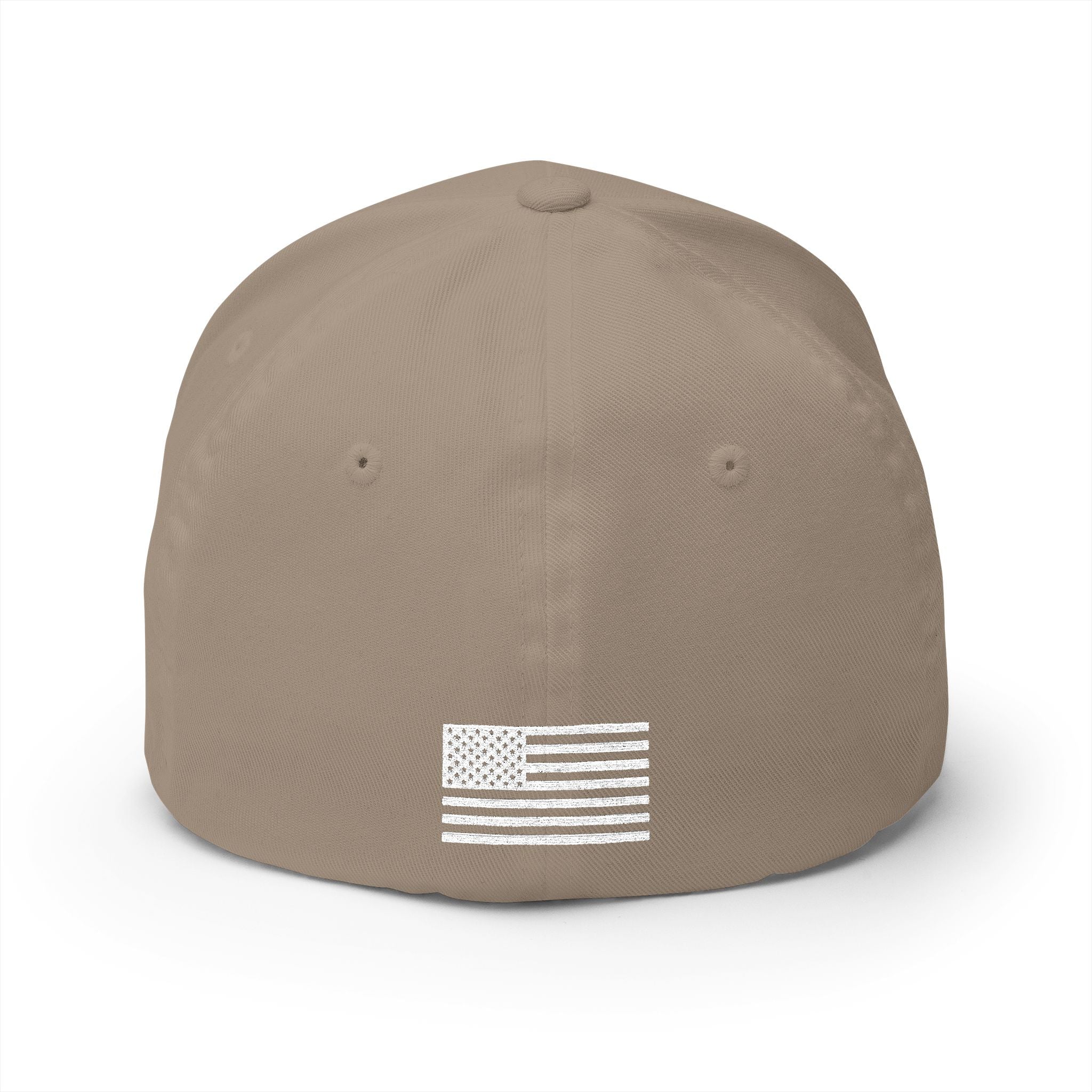 Embroidered baseball cap in khaki with white American flag patch on front panel.