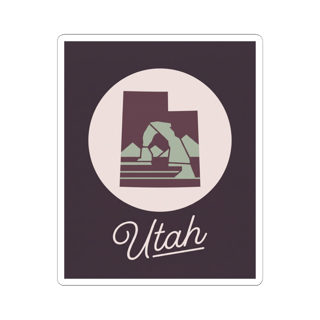 Utah state decal sticker featuring desert mountain silhouette in a circle with script “Utah”.