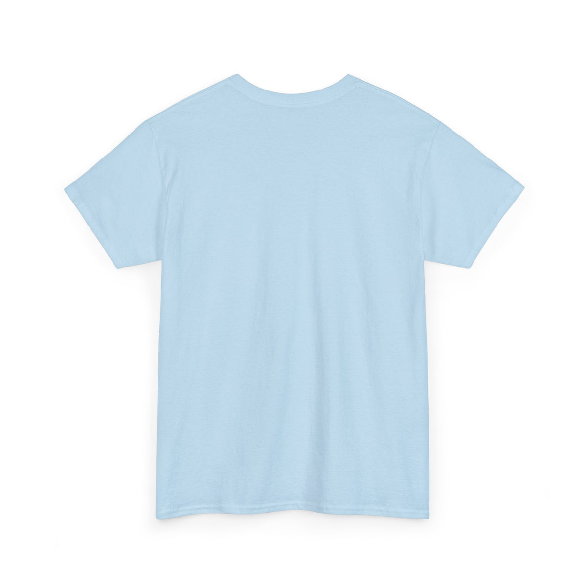 Light blue crew-neck T-shirt, plain back with short sleeves.