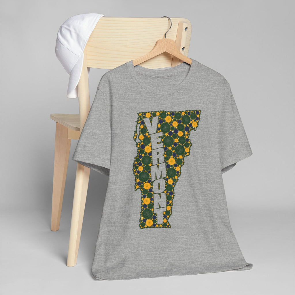 Heather gray crew-neck T-shirt with colorful Vermont floral map letter graphic
