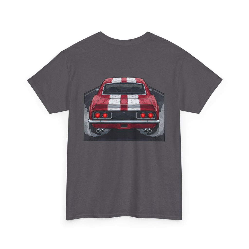 Charcoal T-shirt with vintage rear red muscle car graphic on the chest