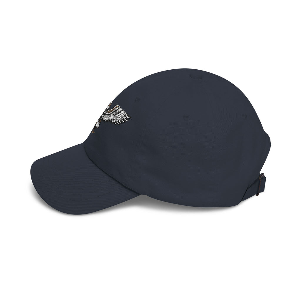 Navy baseball cap with embroidered eagle on side and adjustable back strap
