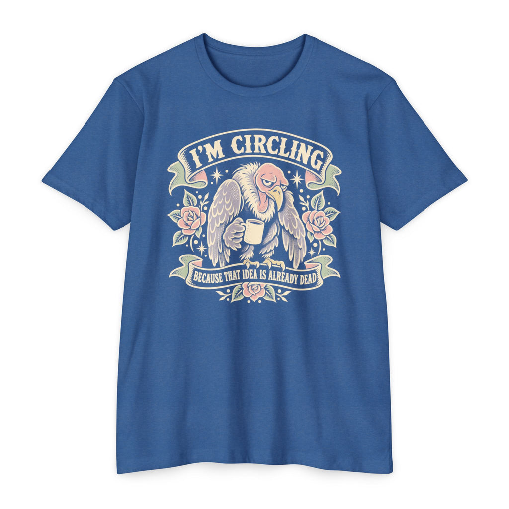 Blue vulture graphic T-shirt with winged face and “I’m circling” text
