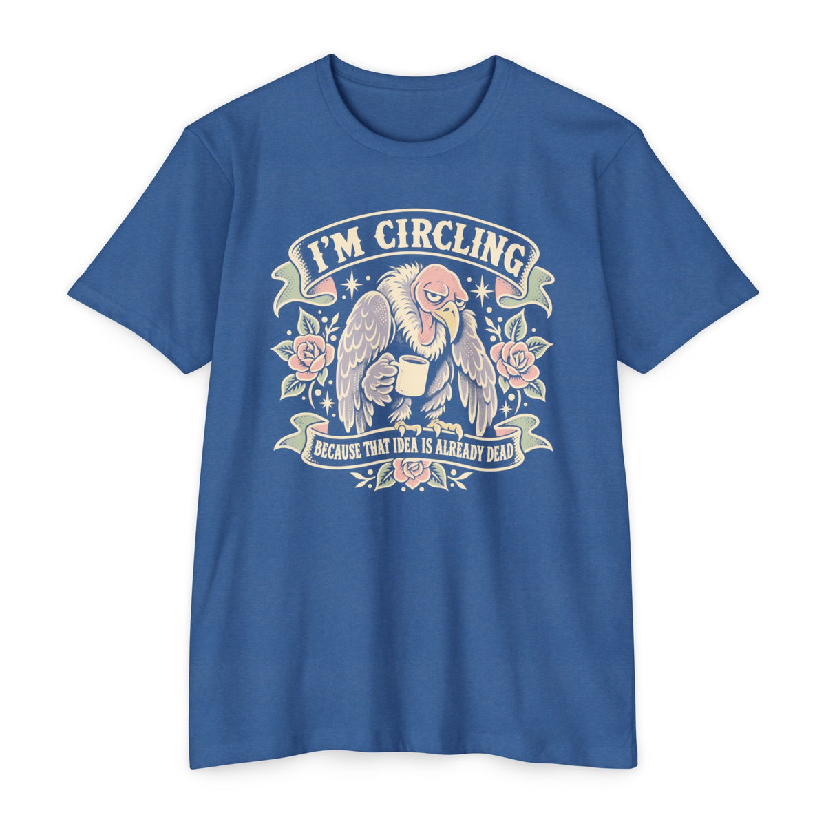 Blue vulture graphic T-shirt with winged face and “I’m circling” text