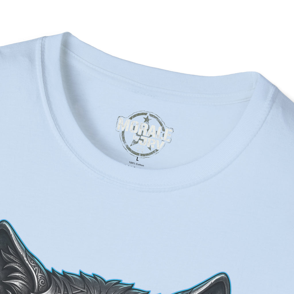 Light blue T-shirt with small chest logo near neckline