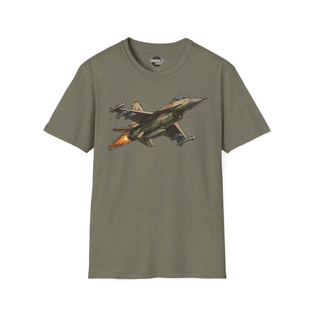 Heather Military Green fighter jet illustration T-shirt with colorful jet graphic
