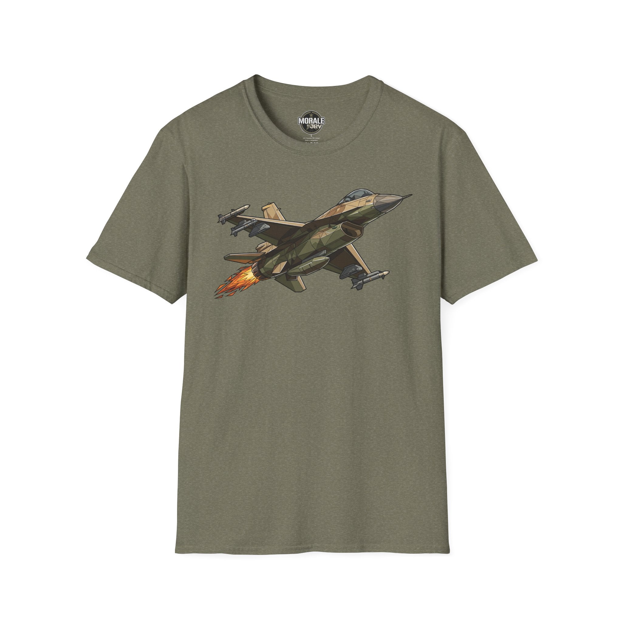 Heather Military Green fighter jet illustration T-shirt with colorful jet graphic