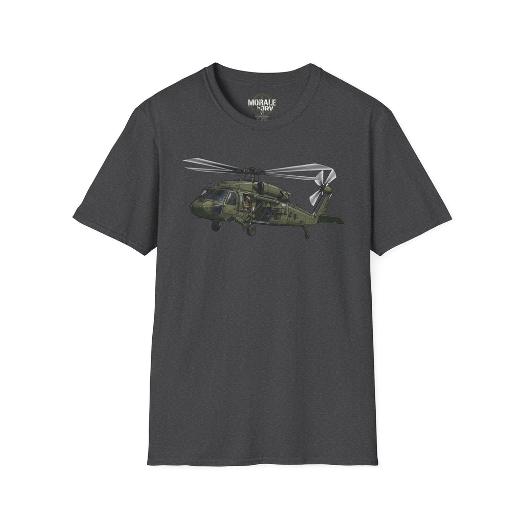 Military Black Hawk helicopter graphic T-shirt, dark heather gray