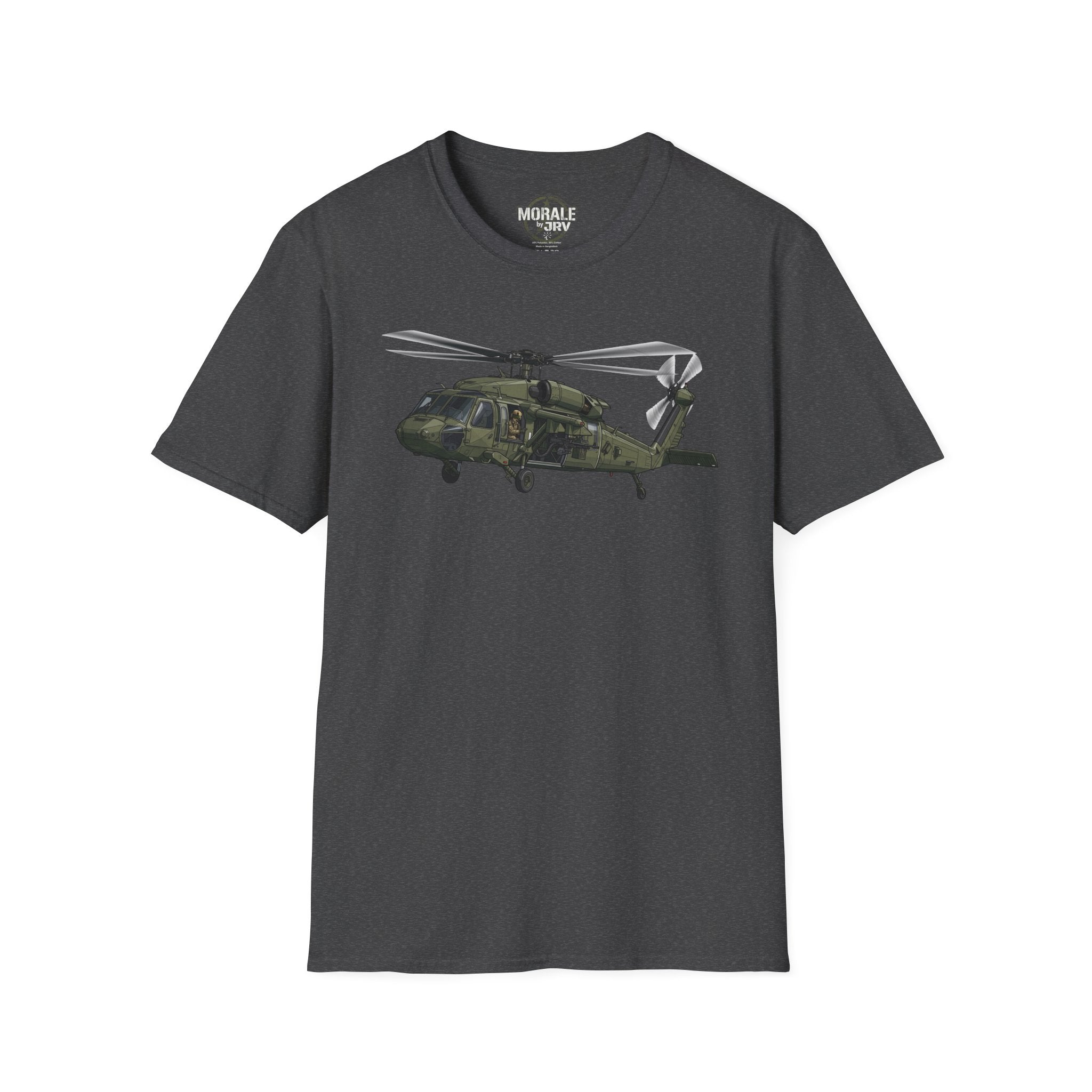 Military Black Hawk helicopter graphic T-shirt, dark heather gray