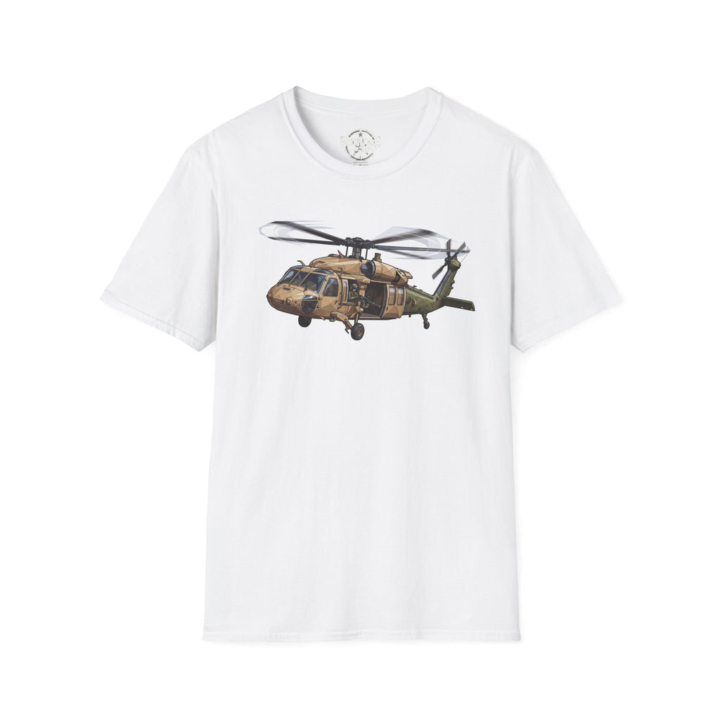 Helicopter graphic T-shirt in white, front print of a UH-60 Black Hawk