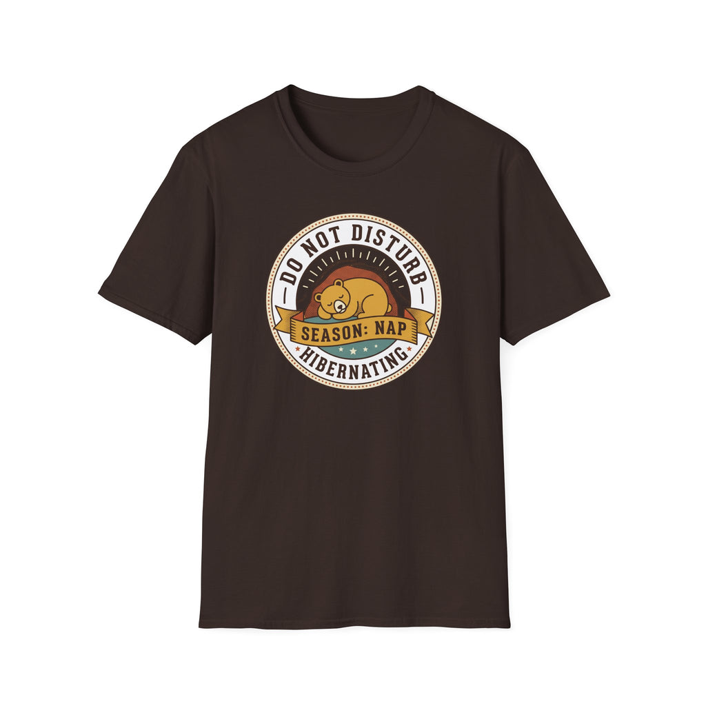 Dark brown nap T-shirt with circular sleeping bear 'Do Not Disturb Season: Nap' graphic