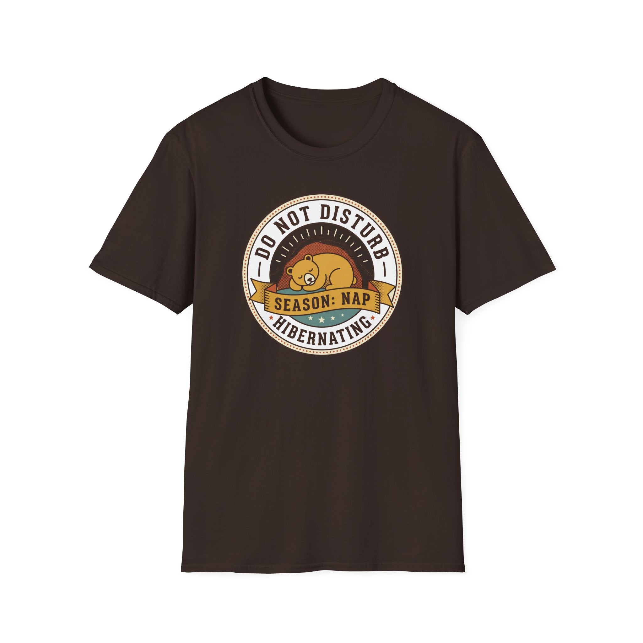 Dark brown nap T-shirt with circular sleeping bear 'Do Not Disturb Season: Nap' graphic
