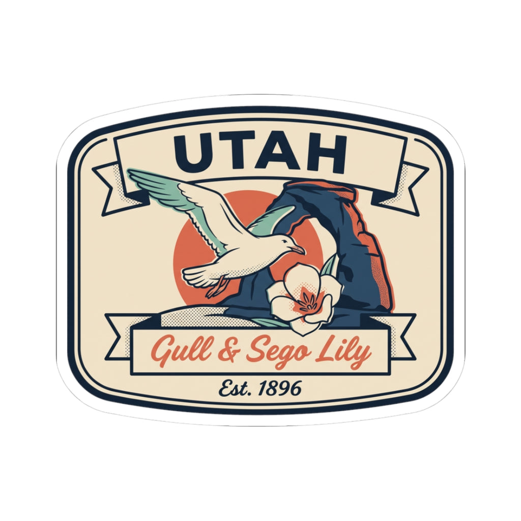 Utah state badge sticker with gull, sego lily, and Est. 1896 text