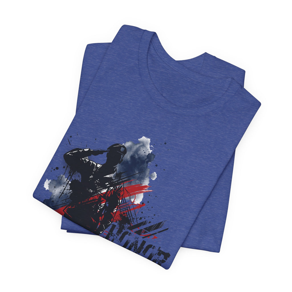 Blue heather T-shirt with soldier silhouette graphic and red-blue splatter paint effect