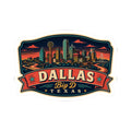 Dallas luggage tag sticker with dark skyline scene, Big D script, and Texas stars