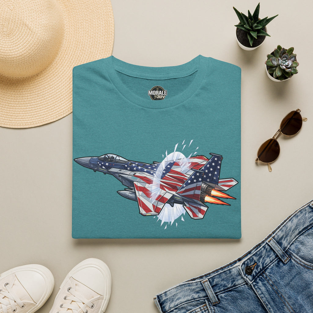 Teal fighter jet T-shirt with patriotic American flag graphic front.