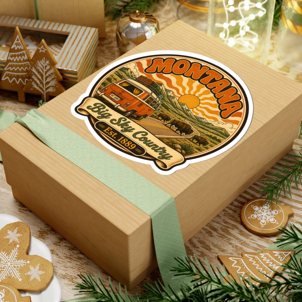 Round vintage country sticker with orange camper, buffalo herd, retro sunset and 'Est. 1889'
