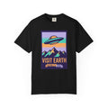 Black T-shirt with UFO “VISIT EARTH” front graphic