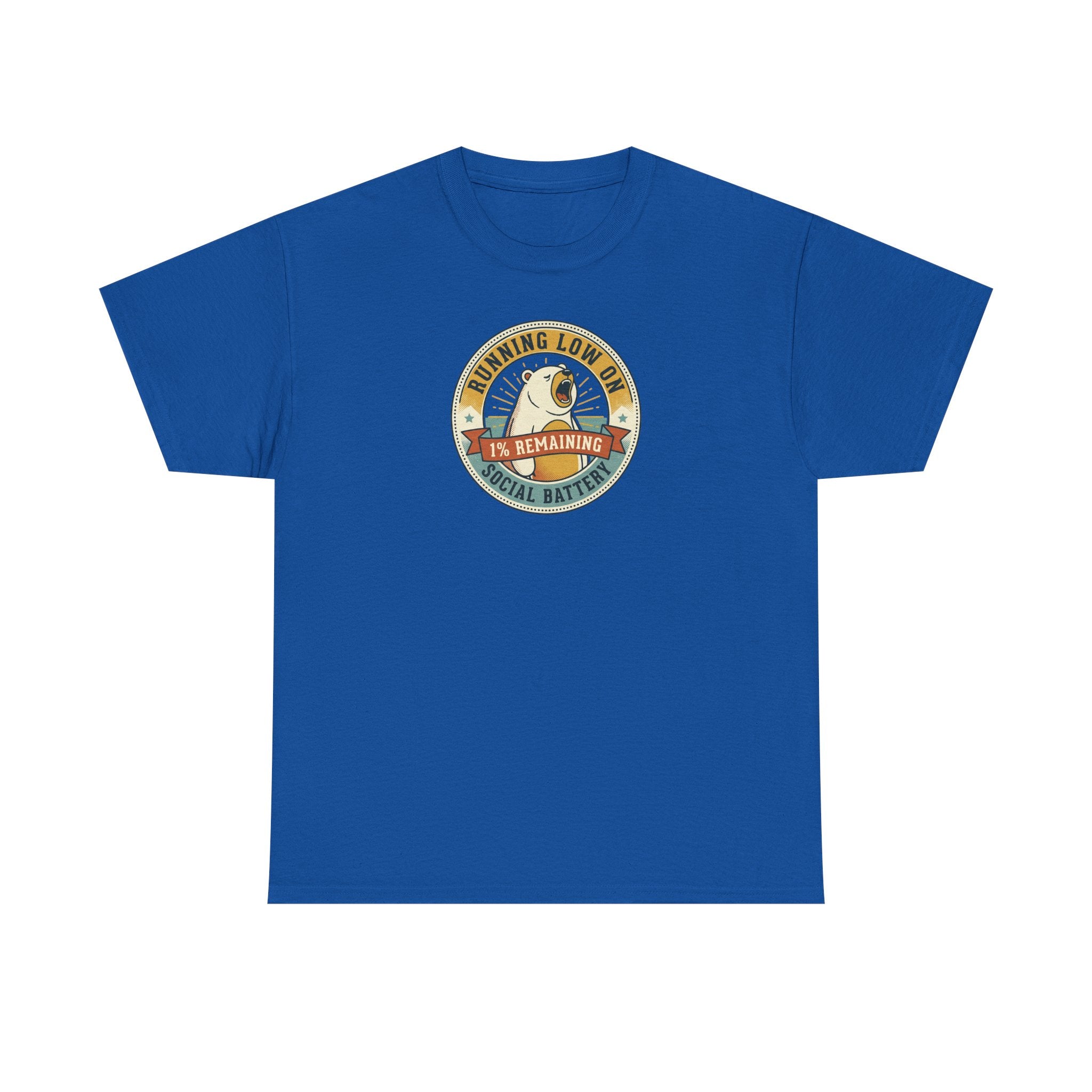 Royal blue graphic T-shirt with circular bear badge logo
