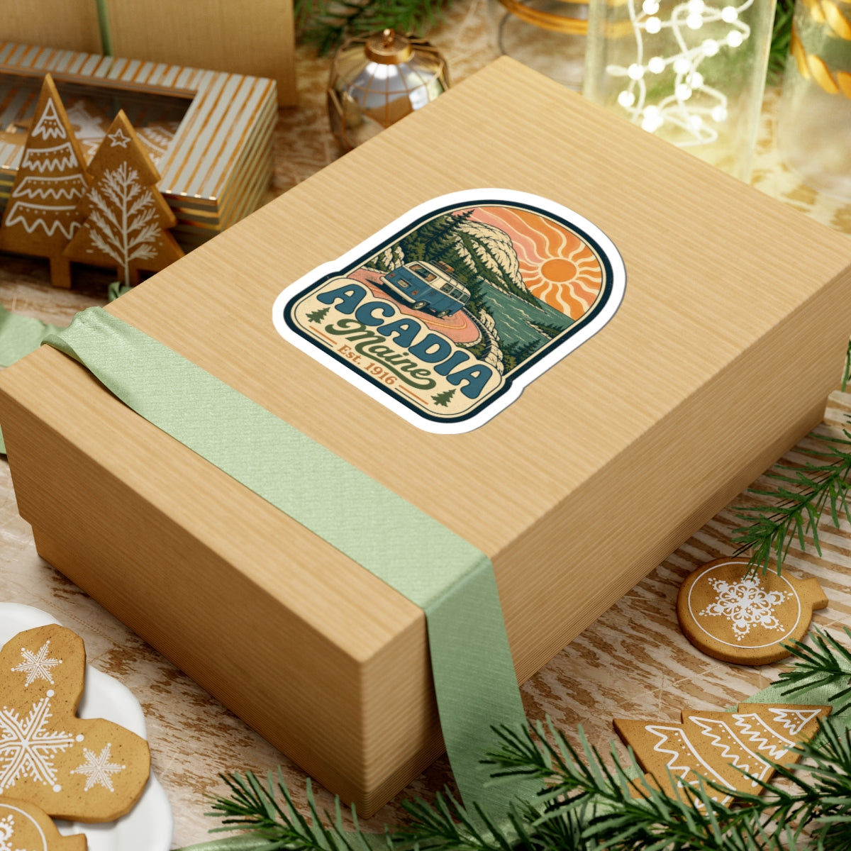 Acadia Maine sticker on gift box wrap, retro camper van, orange sun, Est. 1916