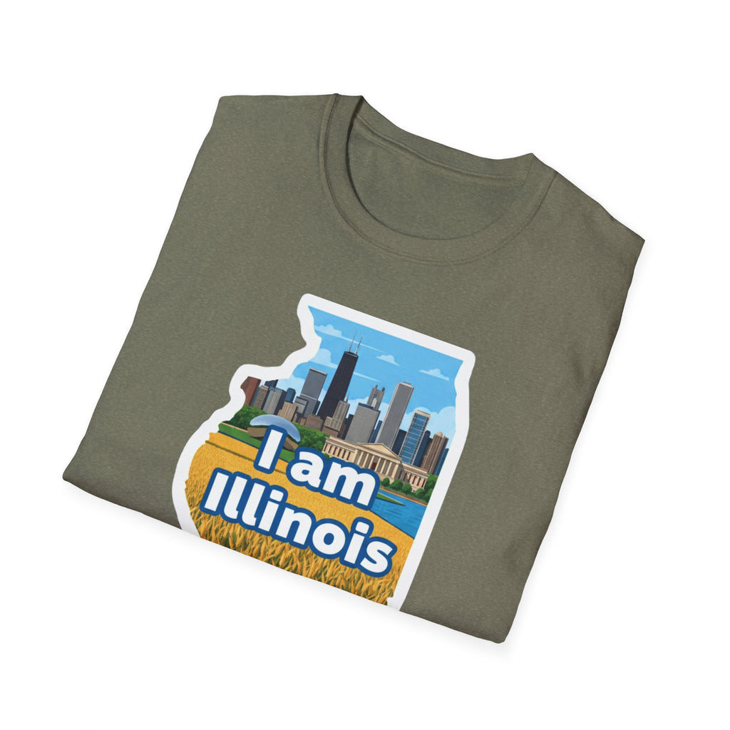 Olive green T-shirt with I am Illinois map skyline and farmland graphic