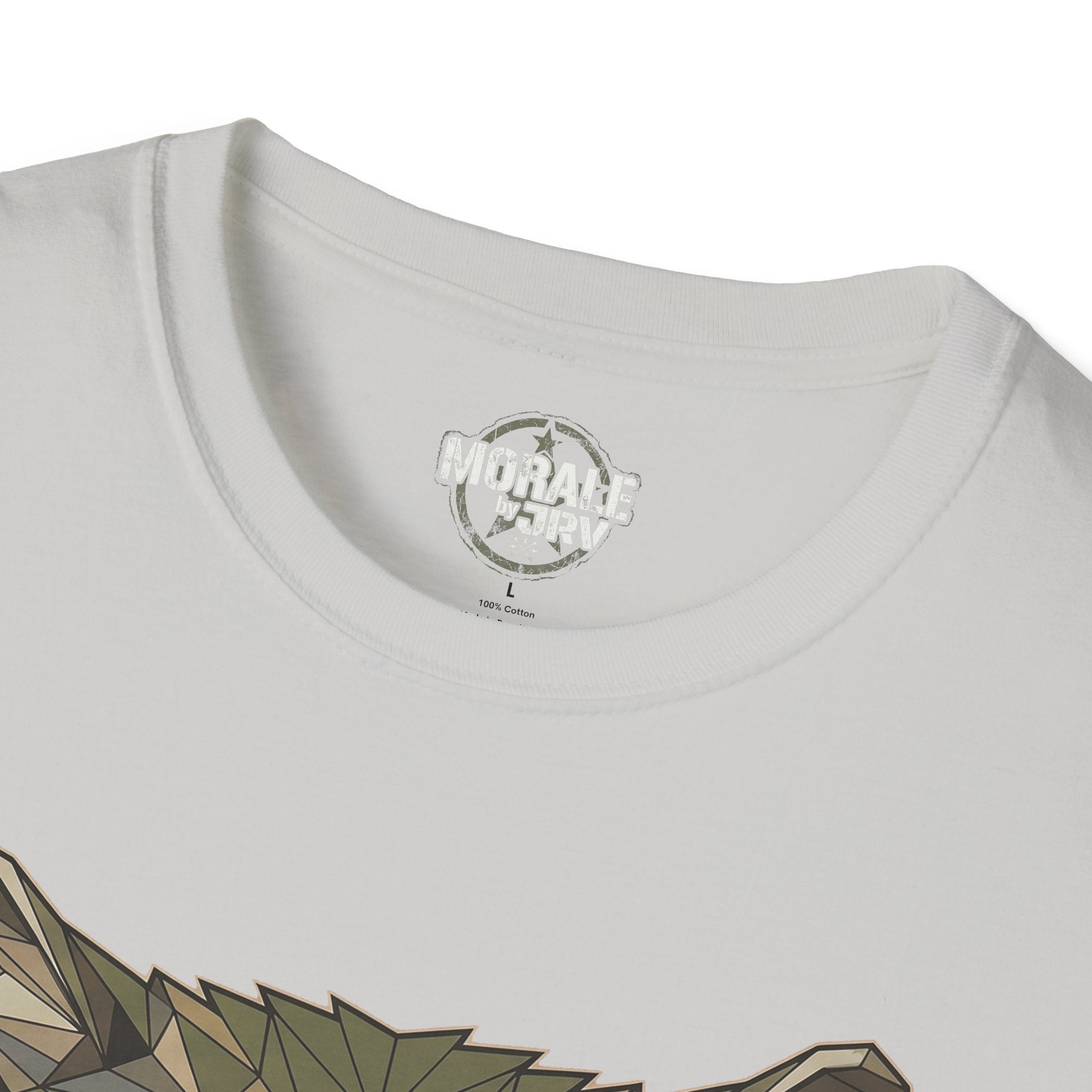 White T-shirt neckline with small logo tag