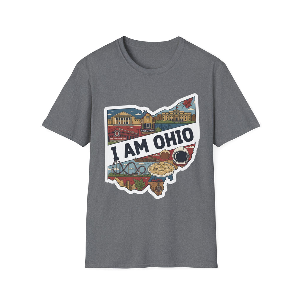 Graphite Heather I Am Ohio T-shirt with Ohio state map graphic and skyline