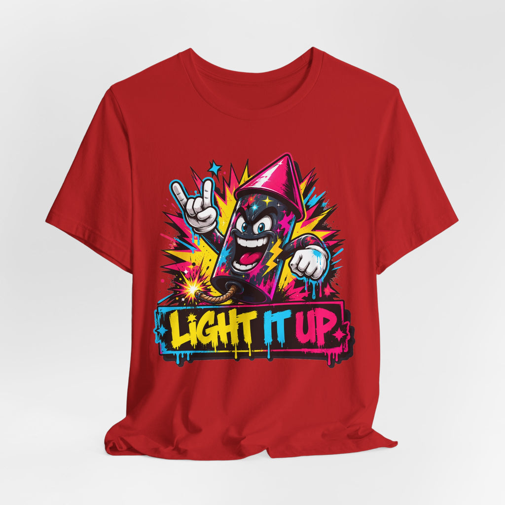 Red graphic character T-shirt with colorful graffiti “Light It Up” print