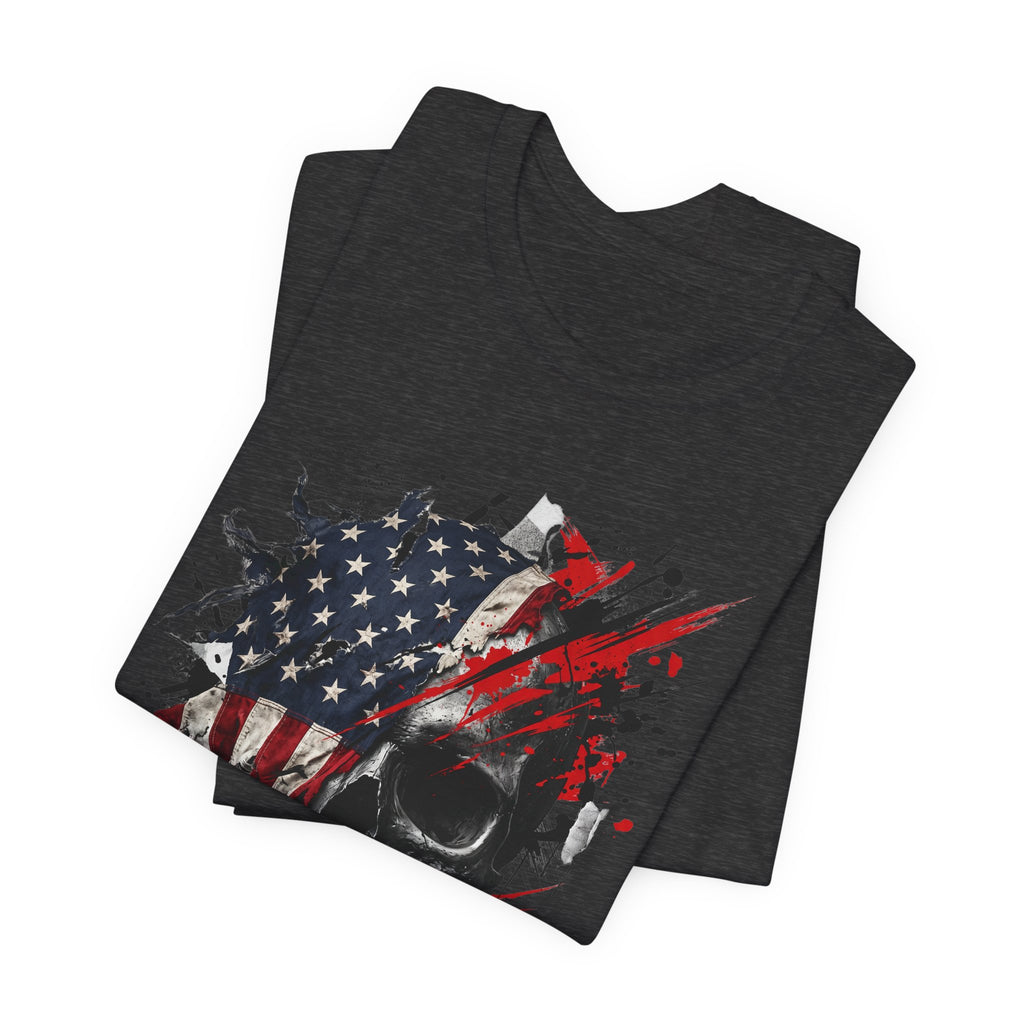 Black crew-neck T-shirt with patriotic flag skull graphic in black, red, and white.