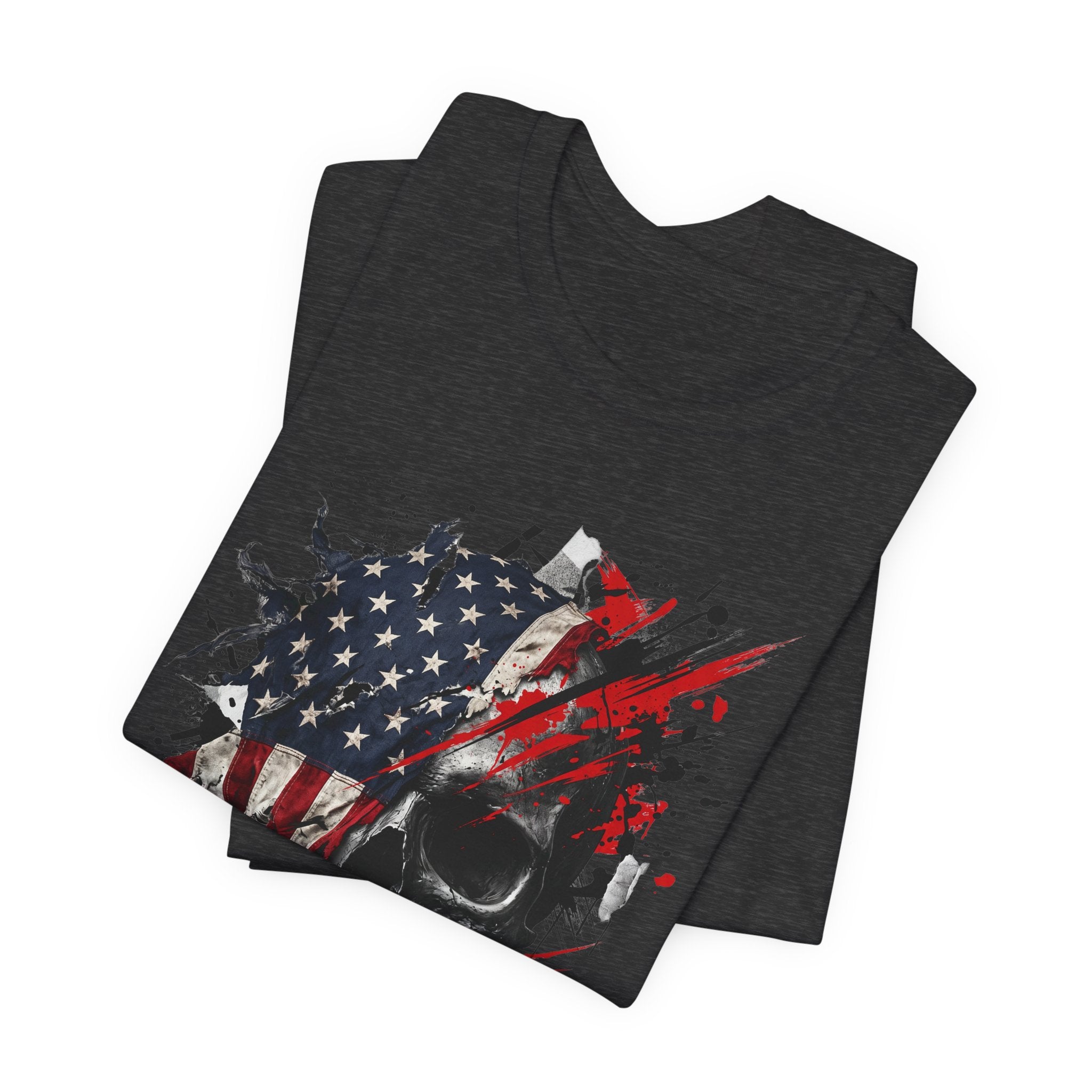 Black crew-neck T-shirt with patriotic flag skull graphic in black, red, and white.