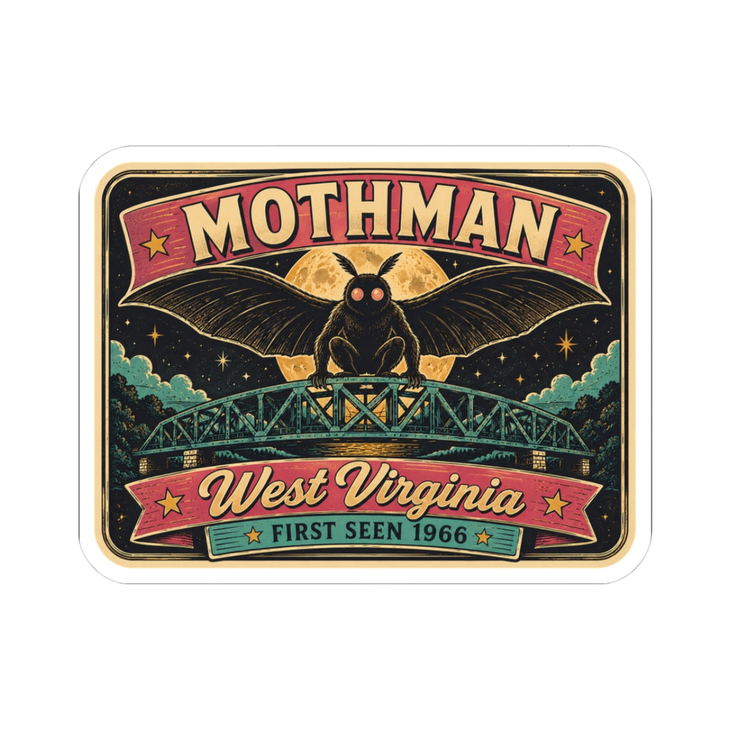 Kiss-cut die-cut sticker showing Mothman on bridge with West Virginia banner