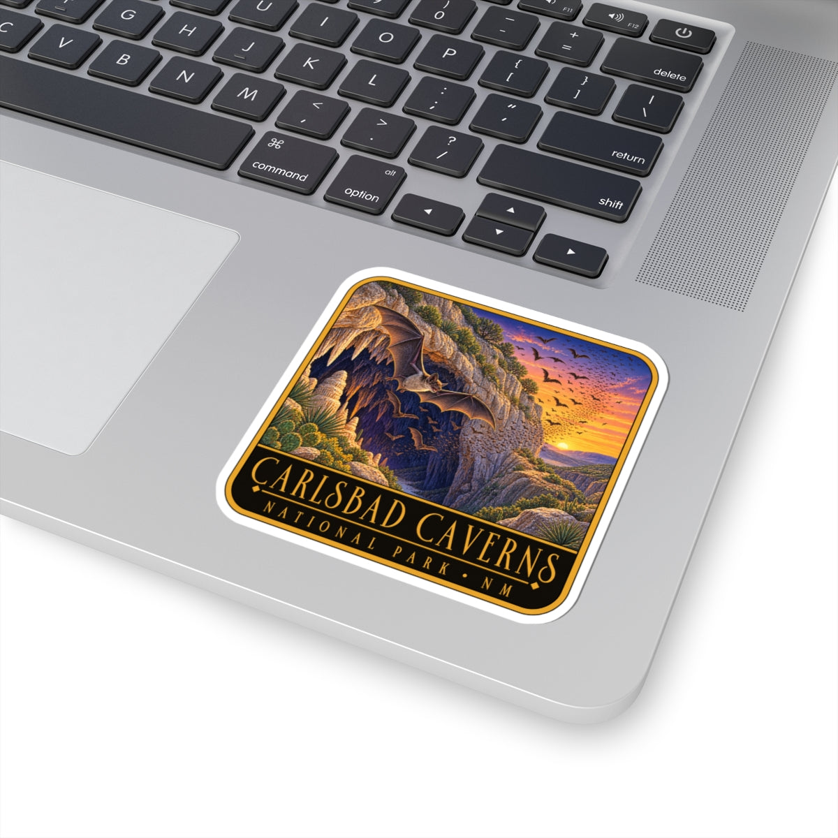 Rounded square sticker decal with cave bats, desert plants, and “Carlsbad Caverns” wording.