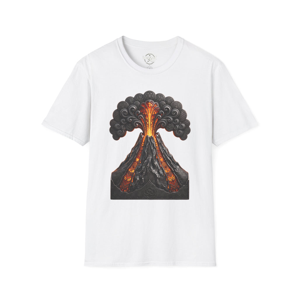 White T-shirt with erupting volcano graphic, black smoke clouds and orange lava