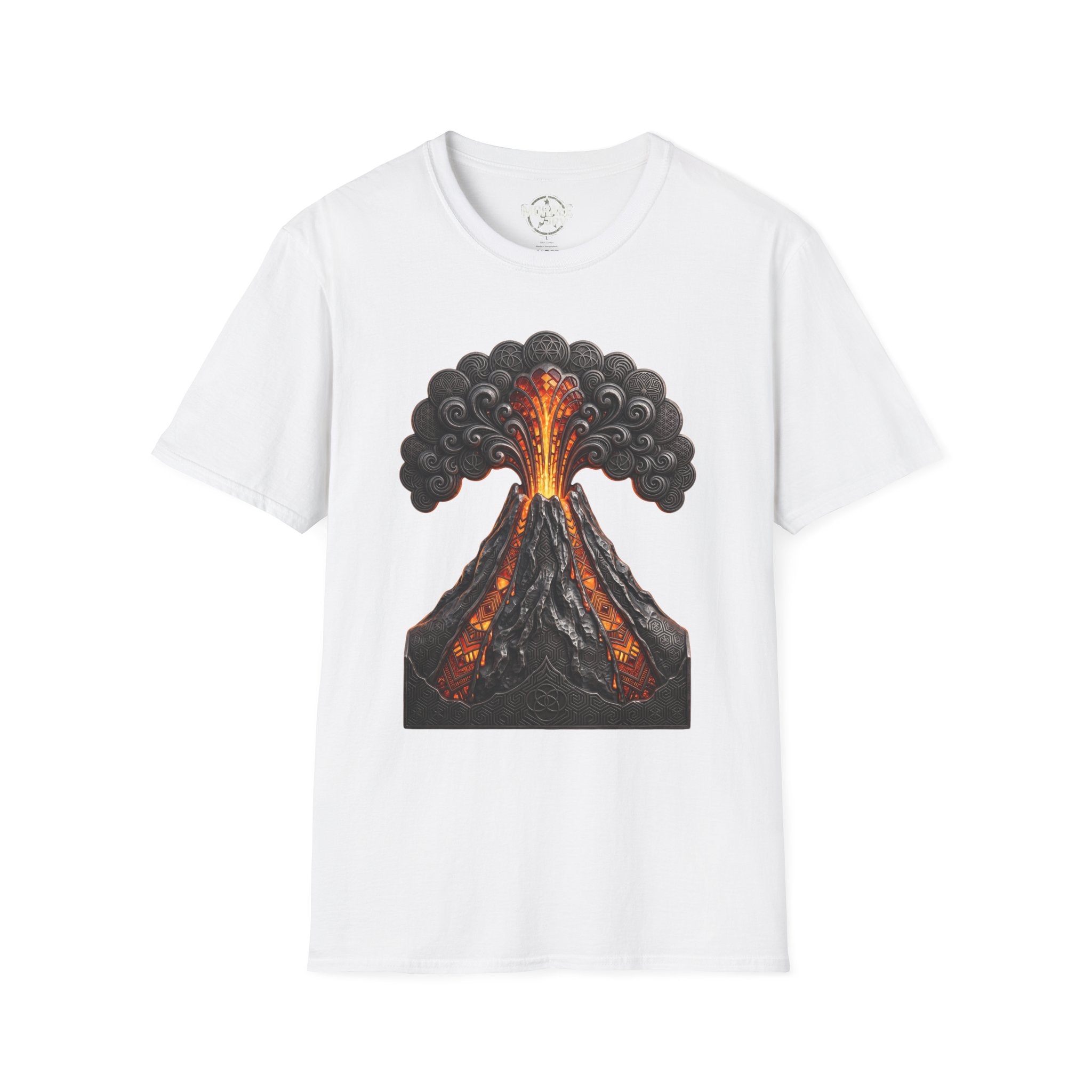 White T-shirt with erupting volcano graphic, black smoke clouds and orange lava