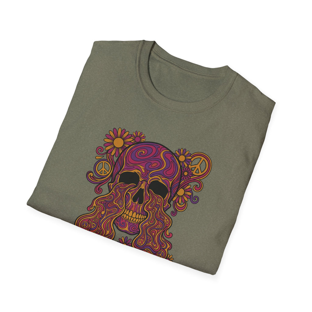 Olive t-shirt with colorful psychedelic skull and flower peace symbol graphic