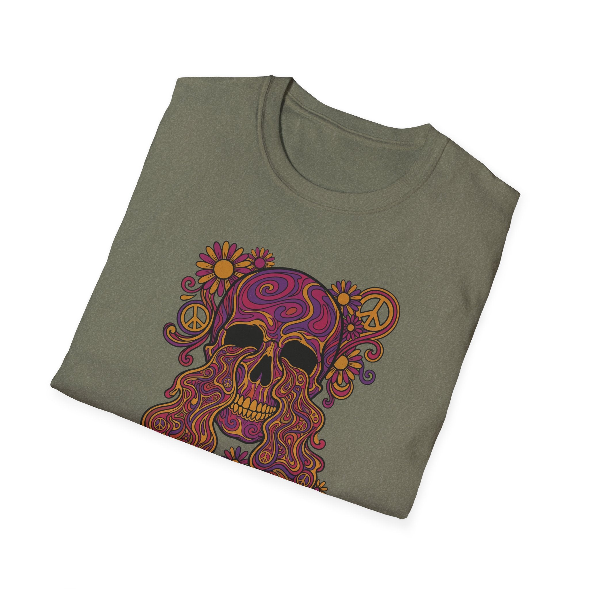 Olive t-shirt with colorful psychedelic skull and flower peace symbol graphic