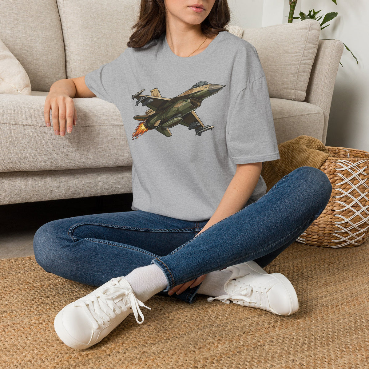 Sport gray fighter jet graphic t-shirt with green aircraft print, crew neck