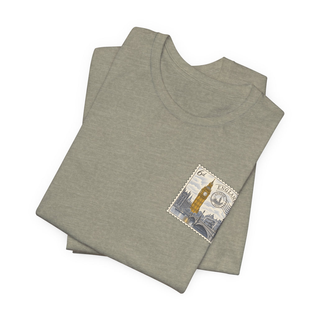 Heather olive T-shirt folded with small vintage postage stamp style Tower graphic on chest