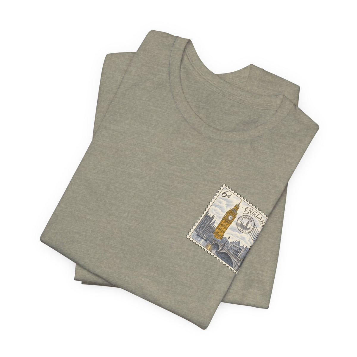 Heather olive T-shirt folded with small vintage postage stamp style Tower graphic on chest