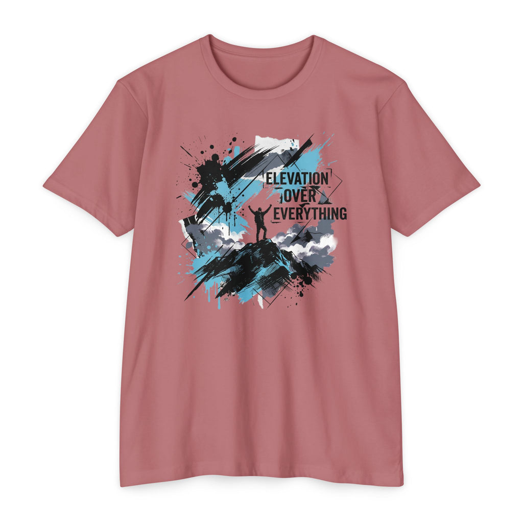 Rose pink unisex graphic T-shirt with mountain silhouette and colorful splatter text print