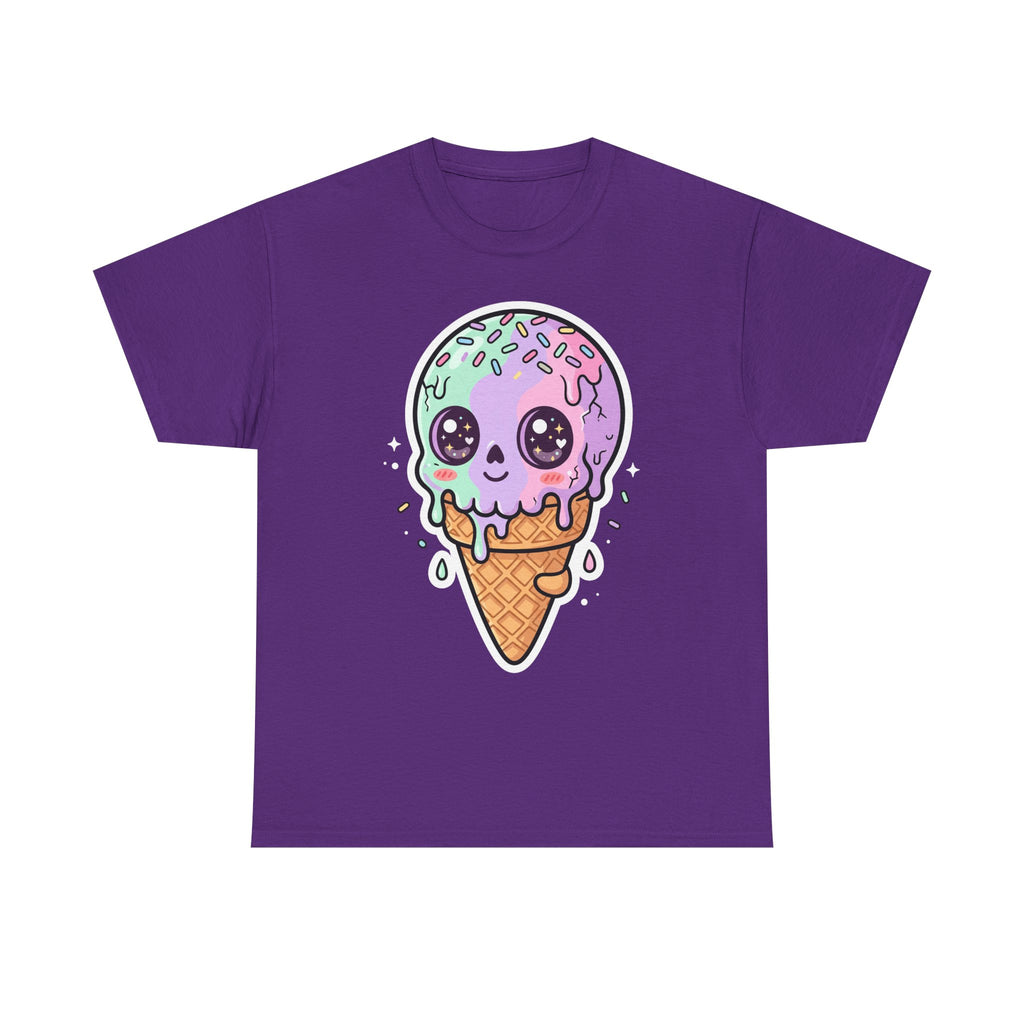 Kawaii melting ice cream cone T-shirt, purple cartoon ice cream graphic on purple