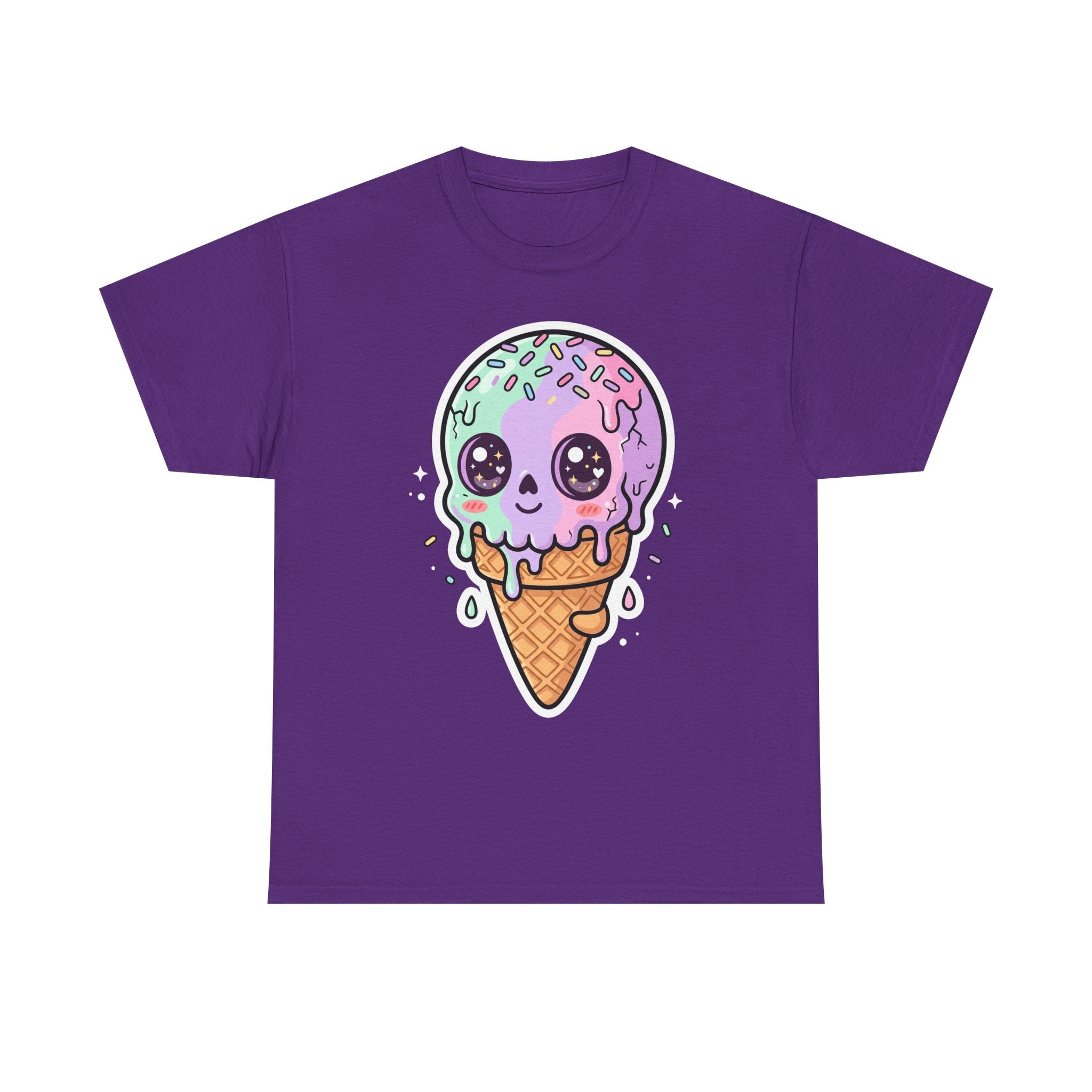 Kawaii melting ice cream cone T-shirt, purple cartoon ice cream graphic on purple