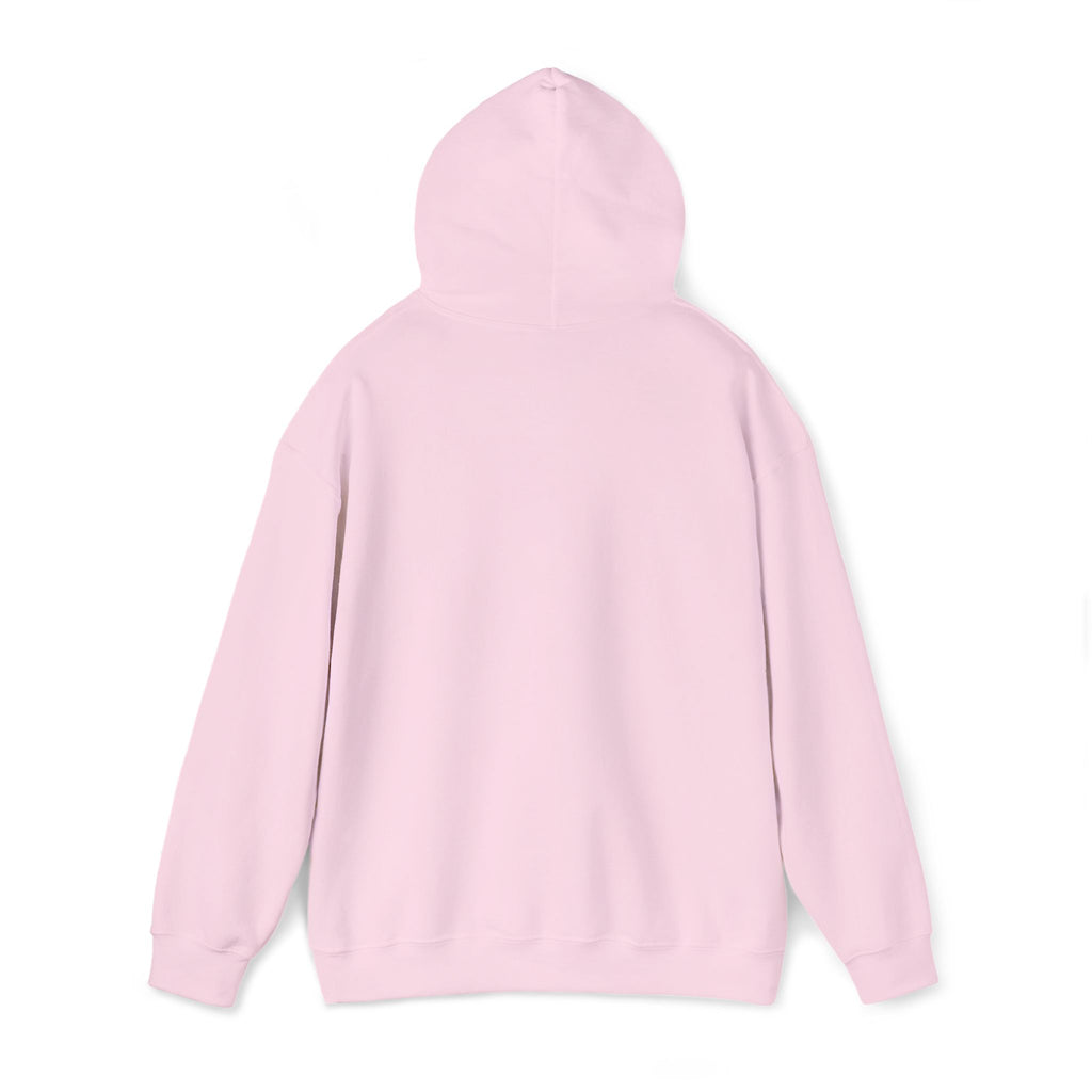 Light pink pullover hoodie, back view with hood